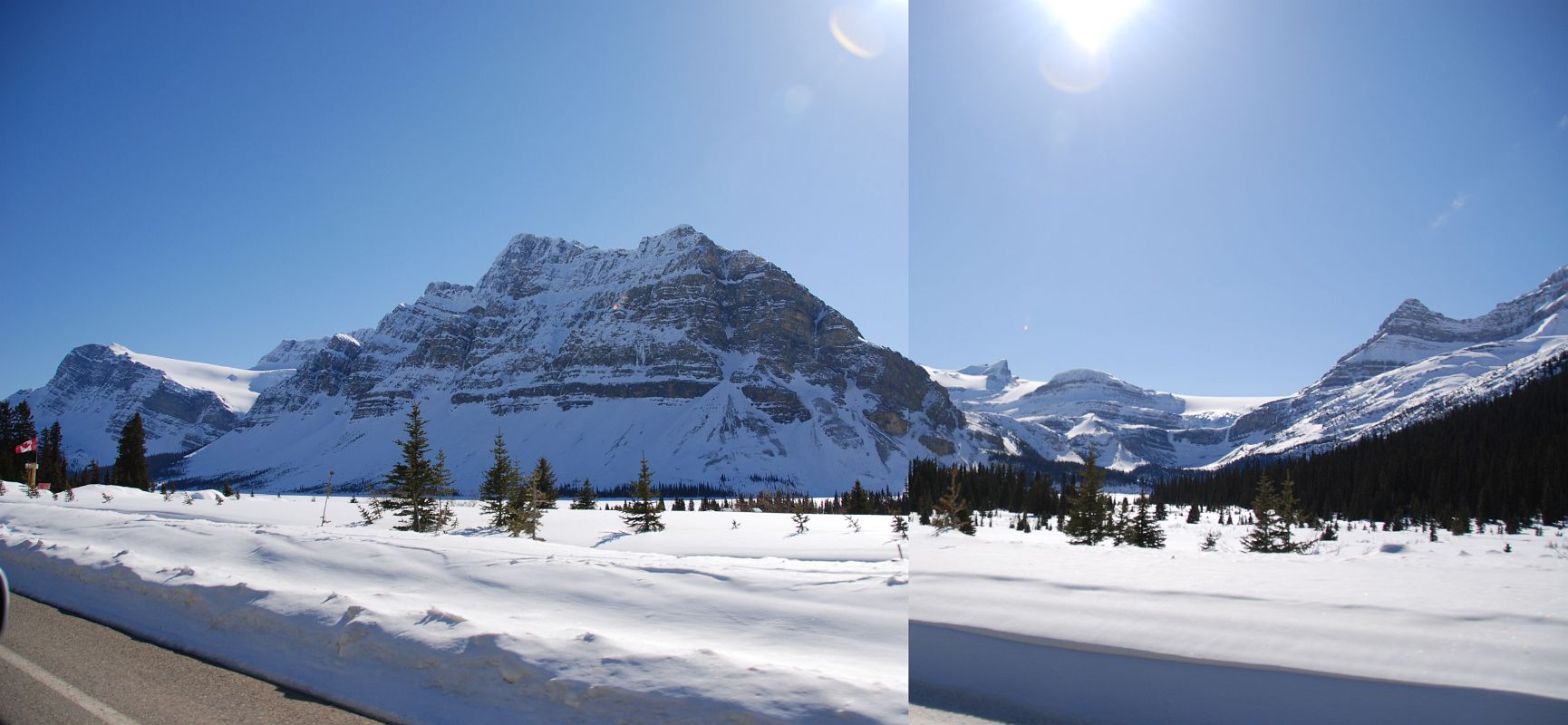 48 BowCrow Peak, Crowfoot Mountain and Glacier, Saint Nicholas Peak, Wapta Icefield, Bow Glacier, Portal Peak From Just After Num-Ti-Jah Lodge On Icefields Parkway